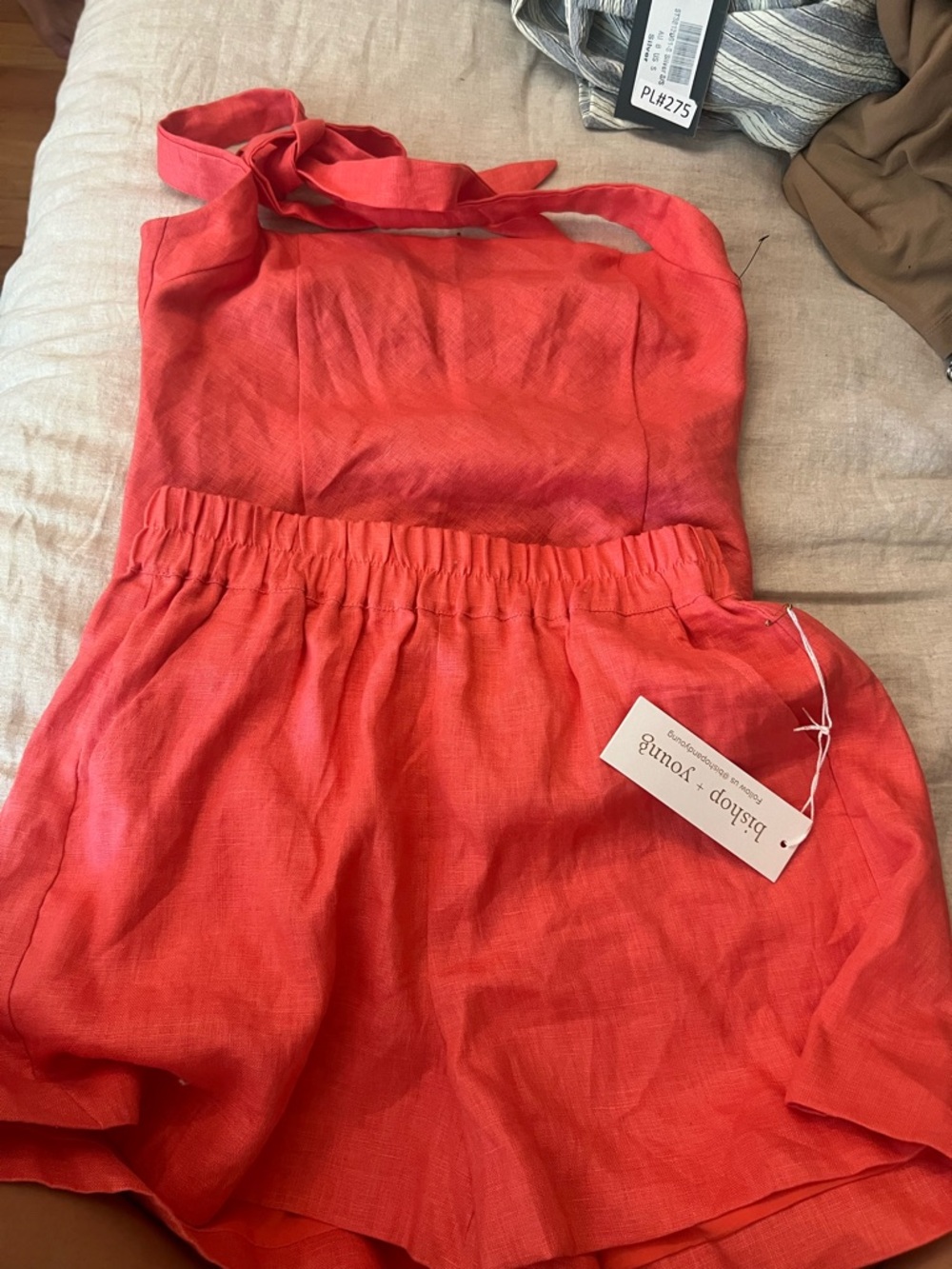 Bishop + Young Red Linen 2 piece positano set. New in hibiscus color